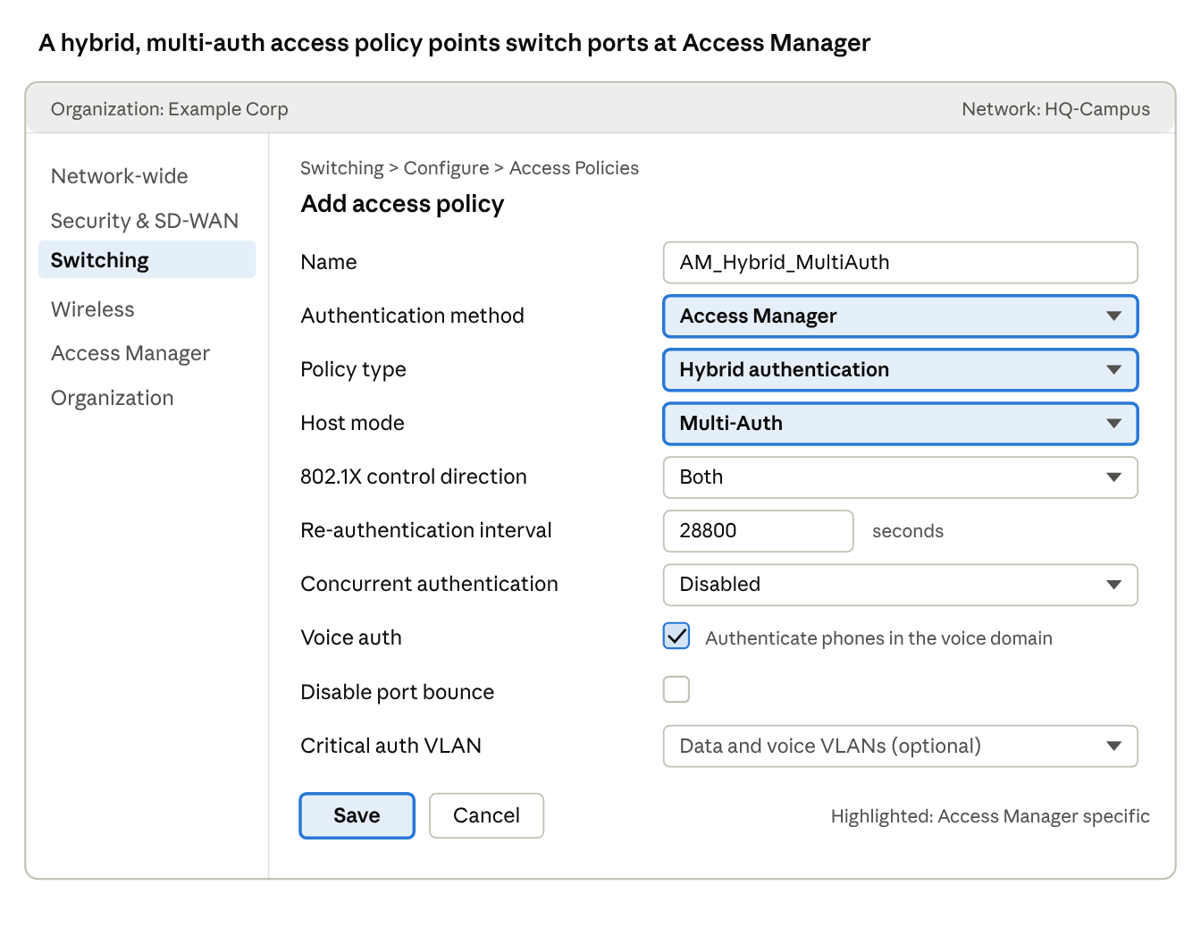 UI mockup · Switching > Configure > Access Policies > Add policy
