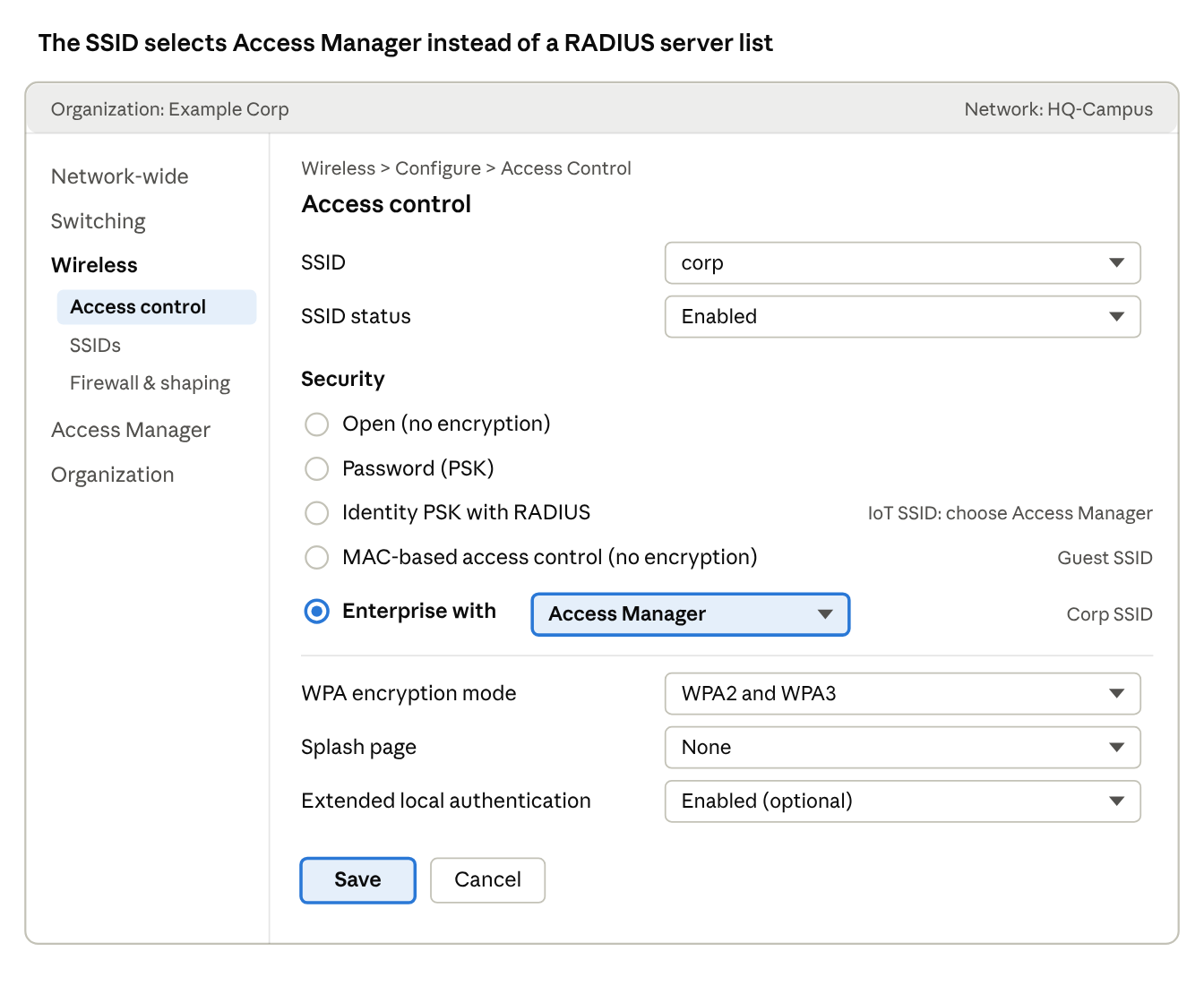 UI mockup · Wireless > Configure > Access Control, Enterprise SSID