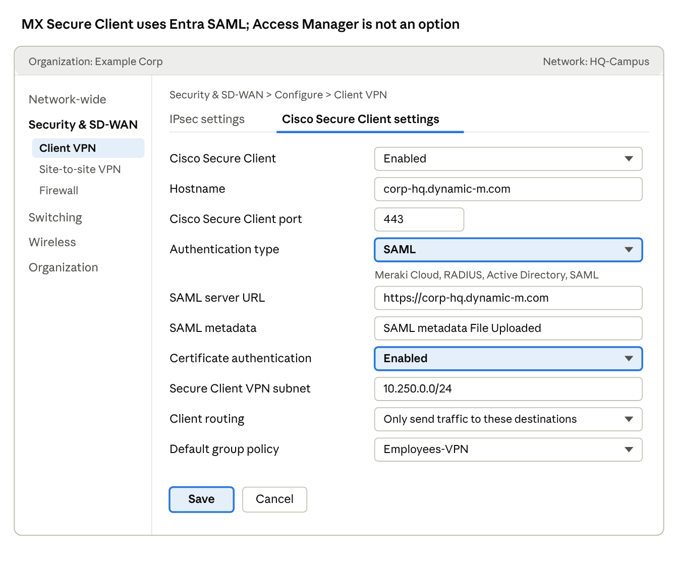 UI mockup · Security & SD-WAN > Client VPN > Cisco Secure Client settings
