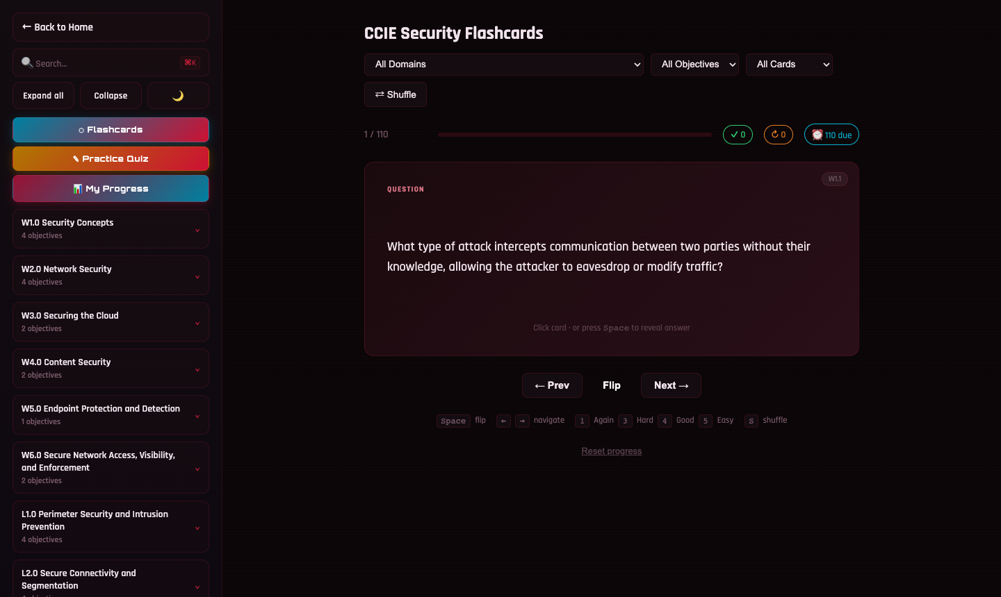 CCIE Security Flashcards — 110 cards across all domains with spaced repetition