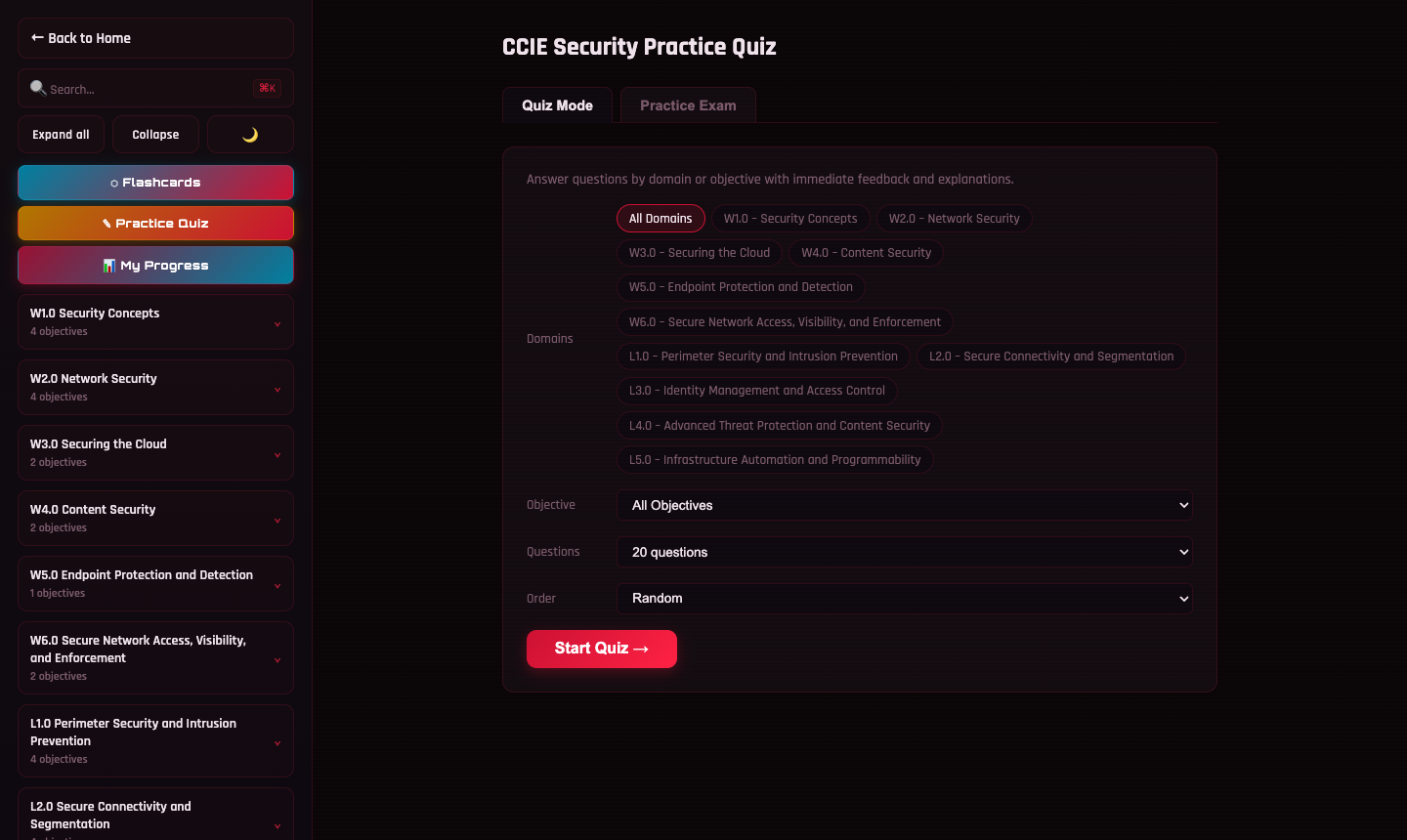 CCIE Security Practice Quiz — filter by domain, objective, and question count