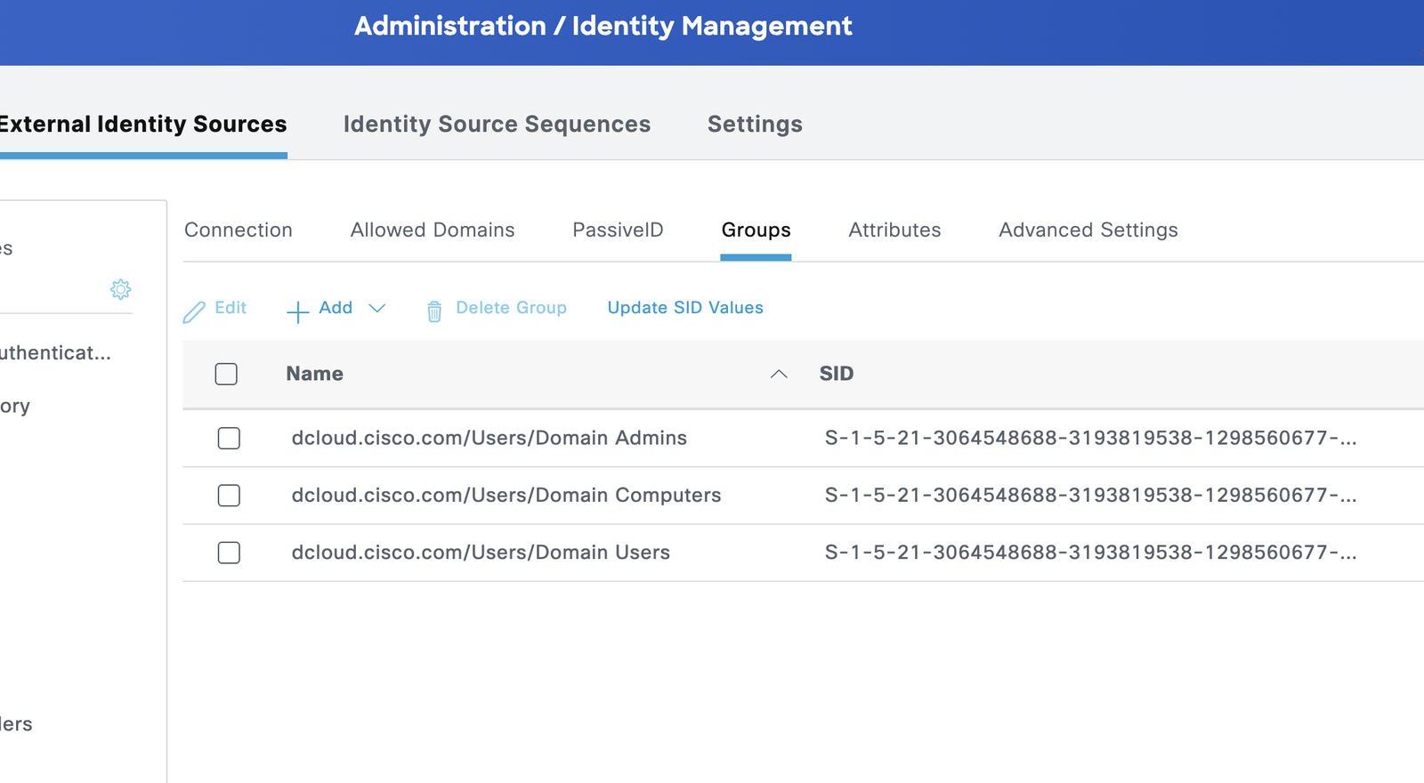 Active Directory groups imported into Cisco ISE including Domain Users, Domain Computers, and Domain Admins