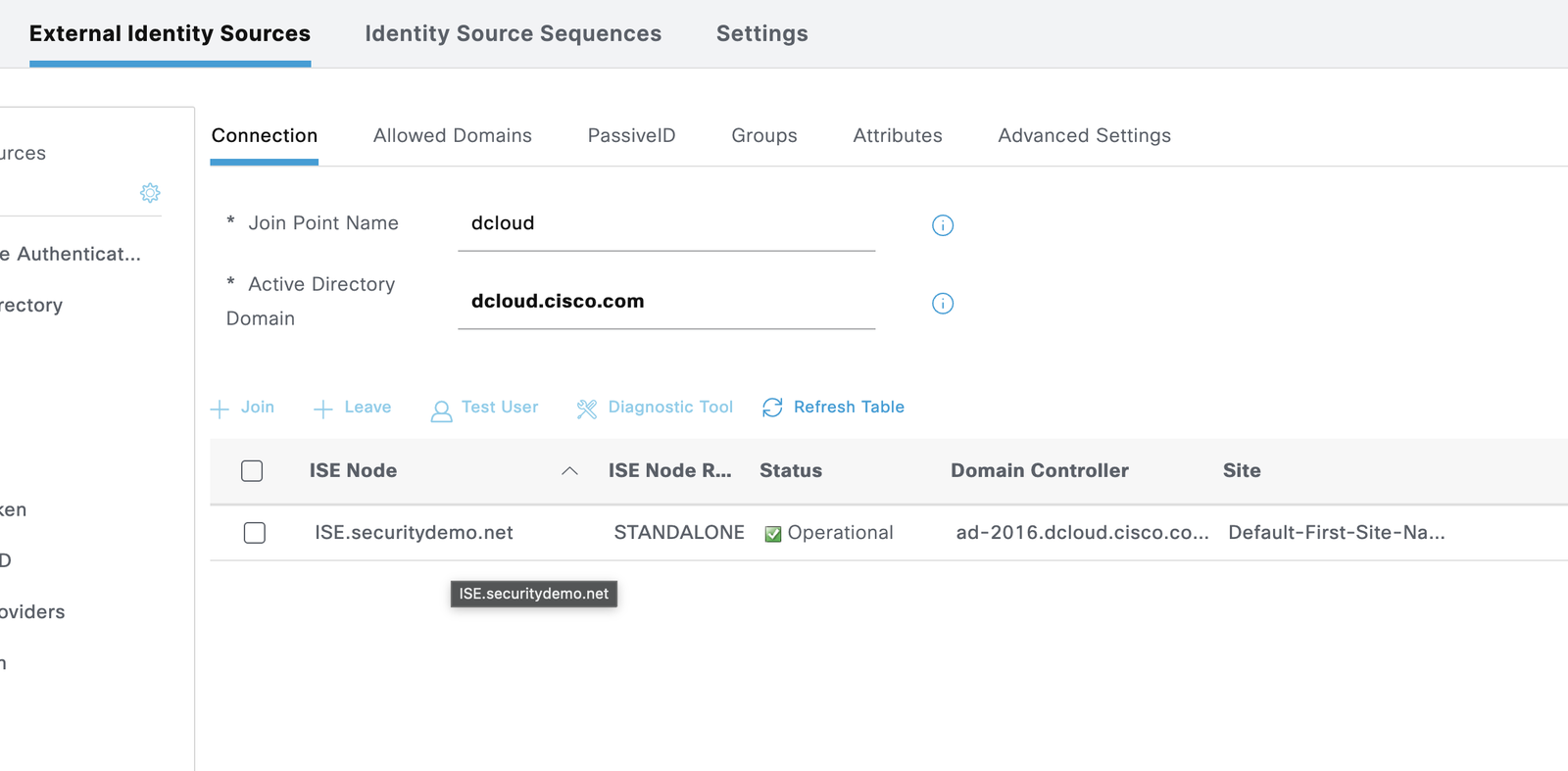 ISE Active Directory join point showing operational status with the lab.cisco.com domain joined