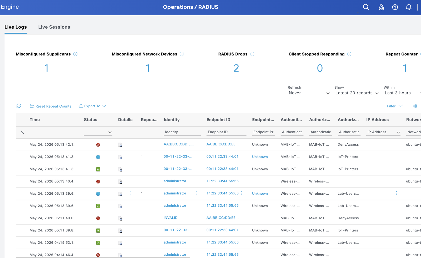 Cisco ISE RADIUS Live Logs showing AD-authenticated user and IoT MAB events with VLAN and dACL assignments