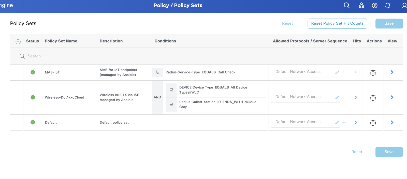 Cisco ISE Policy Sets view showing Wireless-Dot1x-dCloud, MAB-IoT, and Default policy sets with hit counters