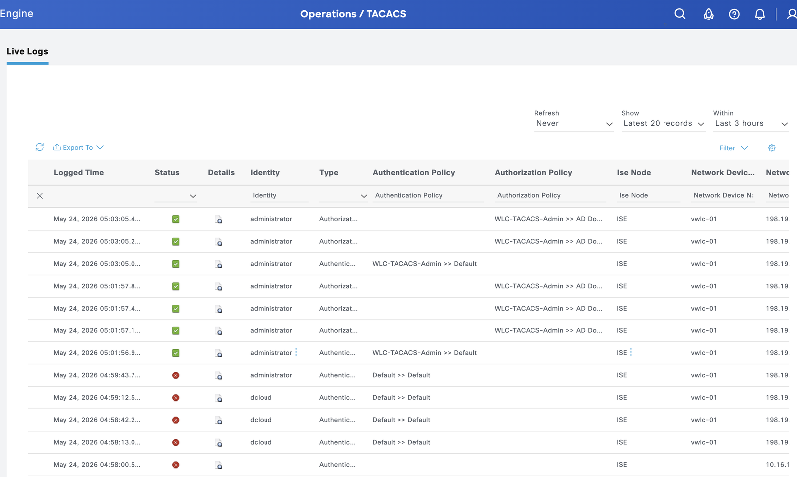 Cisco ISE TACACS+ Live Logs showing AD-authenticated device admin sessions to the wireless LAN controller