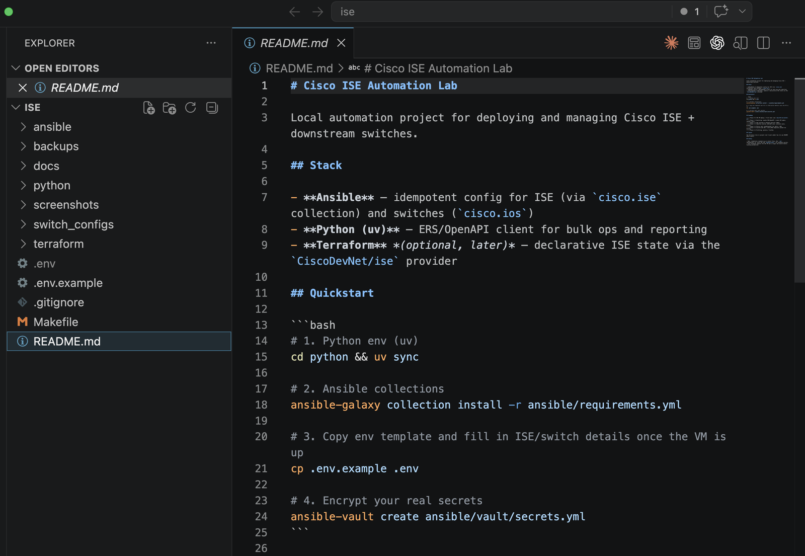 VS Code project structure showing the cisco-ise-automation repository layout with Ansible playbooks, Python modules, and Makefile