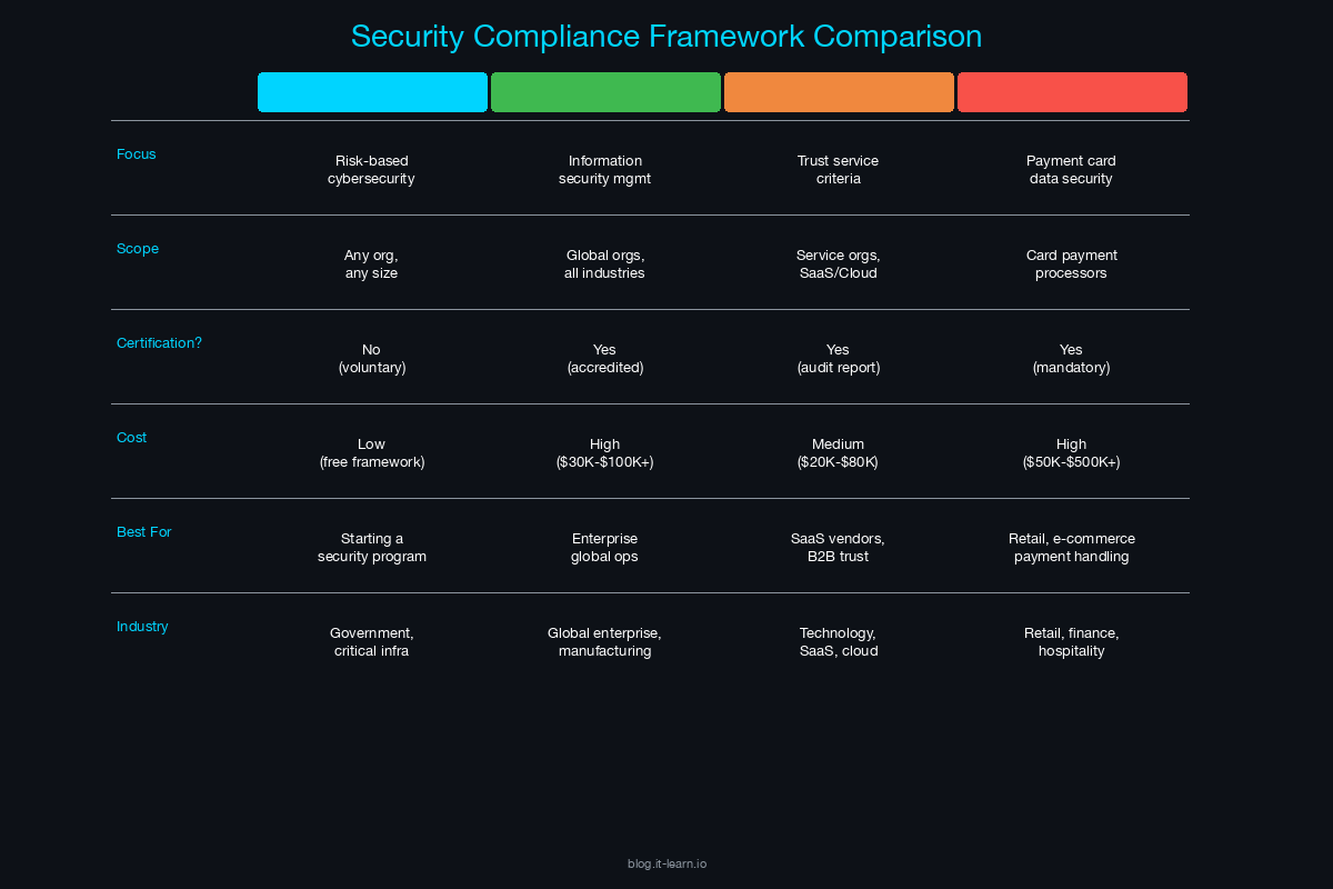 Side-by-side comparison of NIST CSF, ISO 27001, SOC 2, and PCI DSS across key attributes