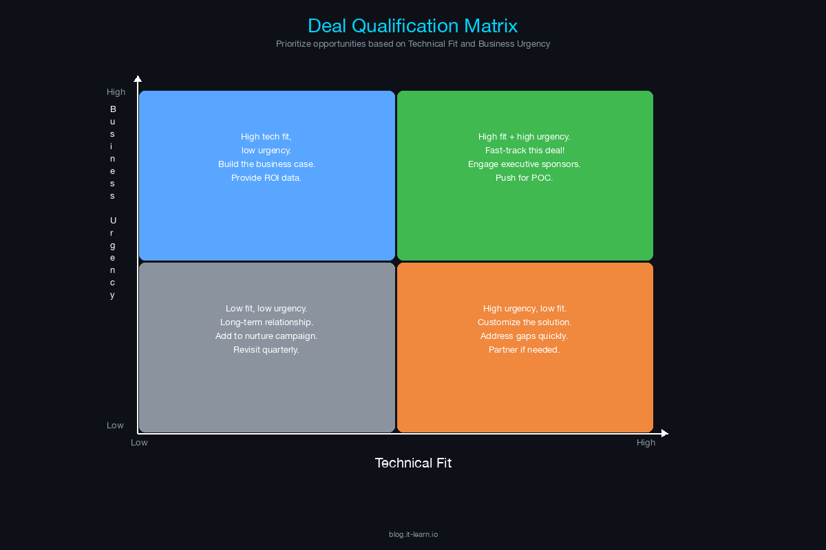 Deal qualification matrix with four quadrants &ndash; Nurture, Educate, Accelerate, and Champion based on Technical Fit and Business Urgency