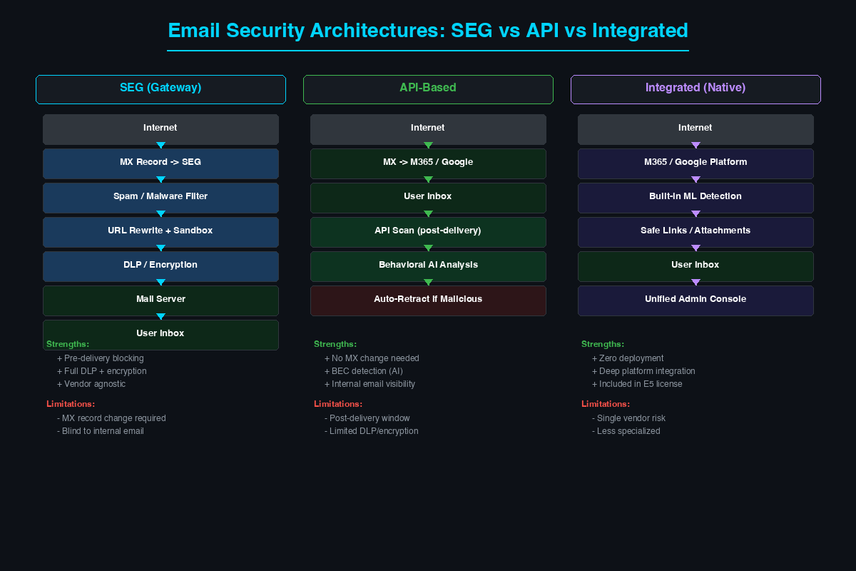 Side-by-side comparison of three email security architectures showing SEG inline filtering, API-based post-delivery scanning, and integrated platform-native security