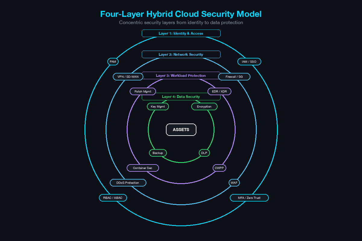Four-layer hybrid cloud security model with concentric rings from identity and access to data security