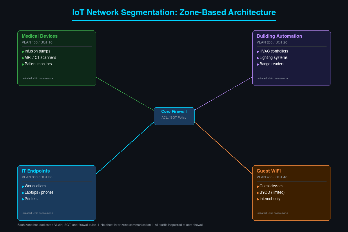 Network segmentation diagram showing isolated zones for Medical Devices, Building Automation, IT Endpoints, and Guest WiFi connected through a core firewall