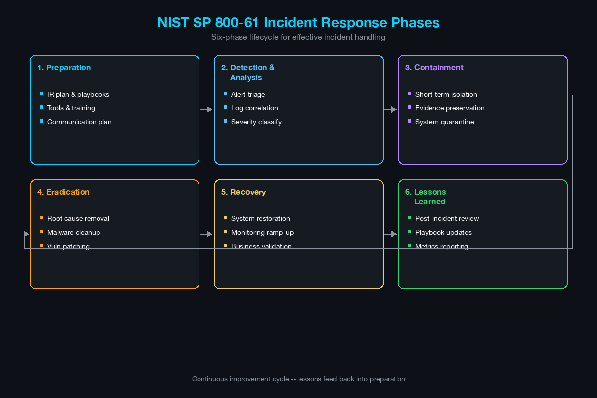 NIST SP 800-61 six incident response phases from preparation through lessons learned