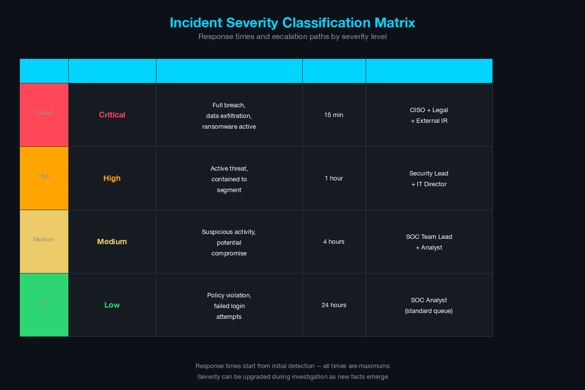 Incident severity classification matrix with response times and escalation paths for each severity level