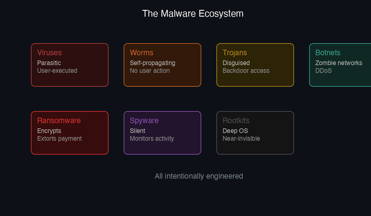 Malware Ecosystem — Viruses, Worms, Trojans, Ransomware, Spyware, Rootkits, Botnets