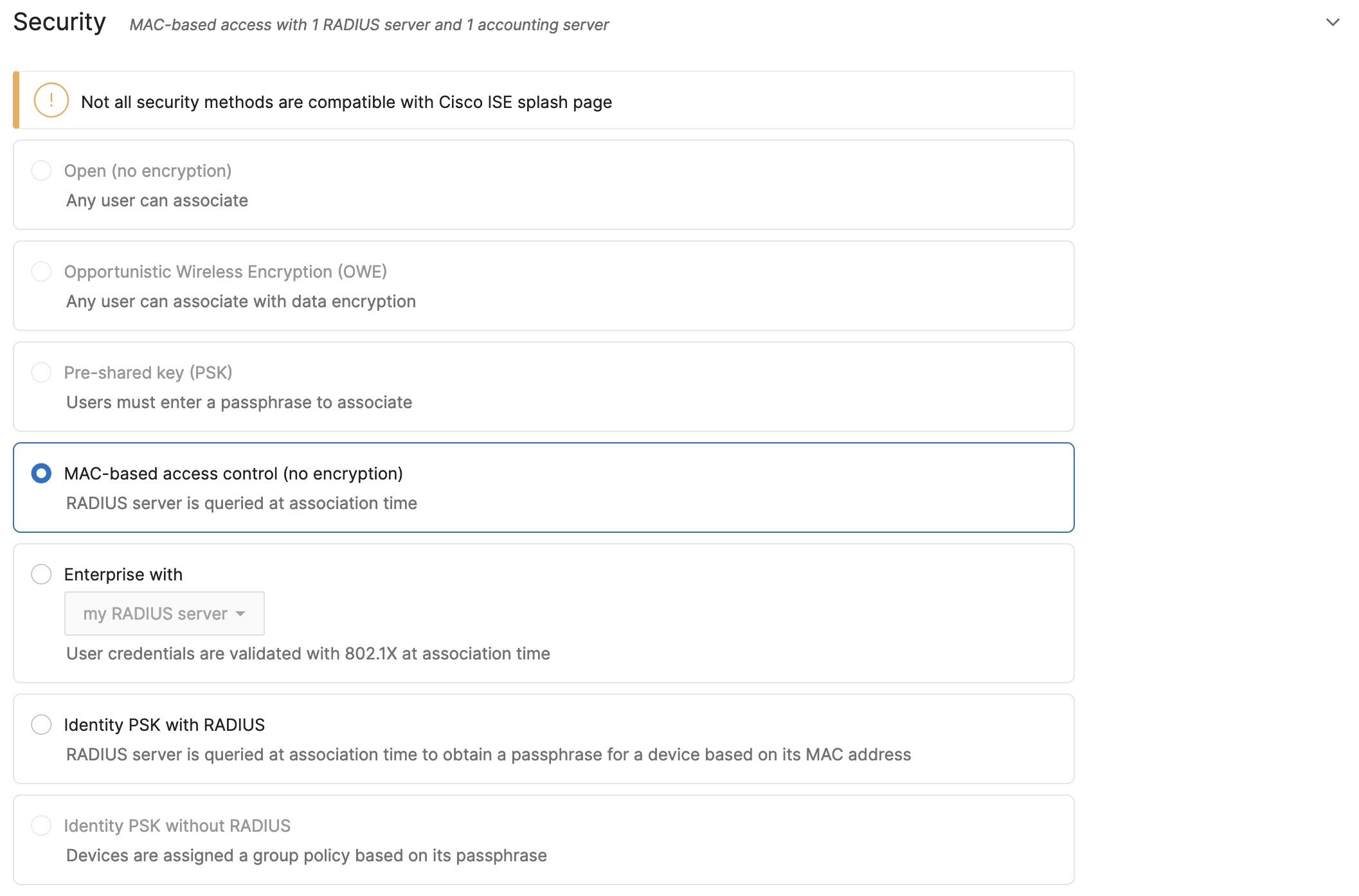 Meraki Dashboard MAC-based access control selected