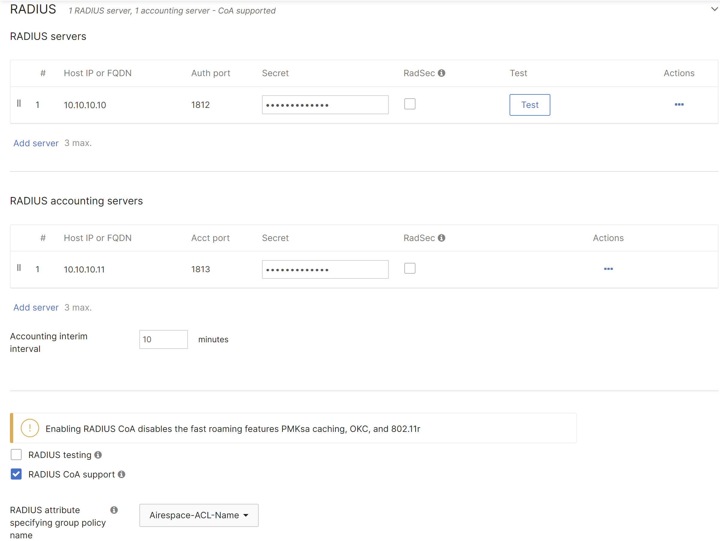 Meraki Dashboard RADIUS server and CoA configuration