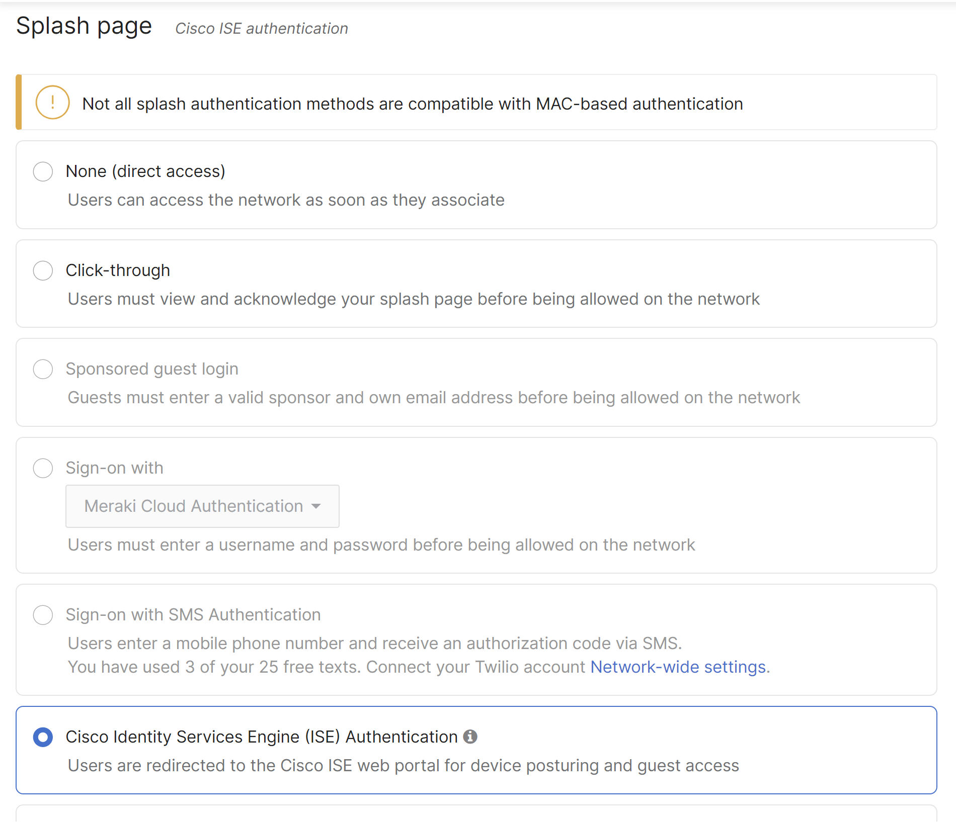 Meraki Dashboard splash page ISE Authentication selected