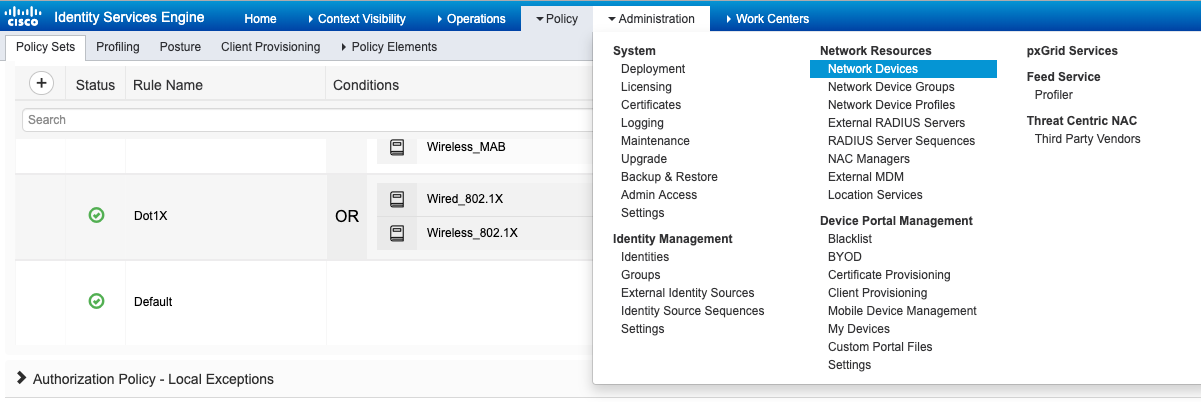 ISE Network Devices list