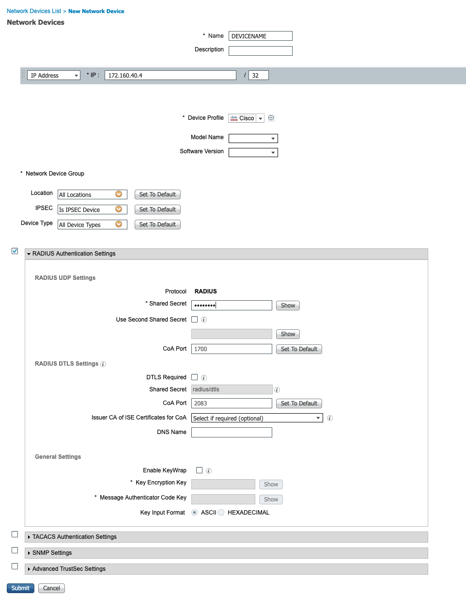 ISE Add Network Device with RADIUS settings
