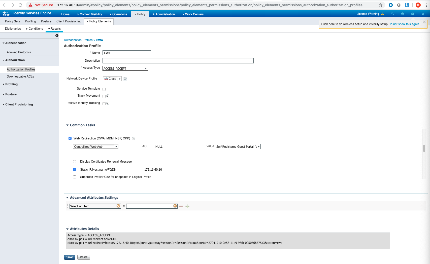 ISE Authorization Profile - CWA Redirect configuration