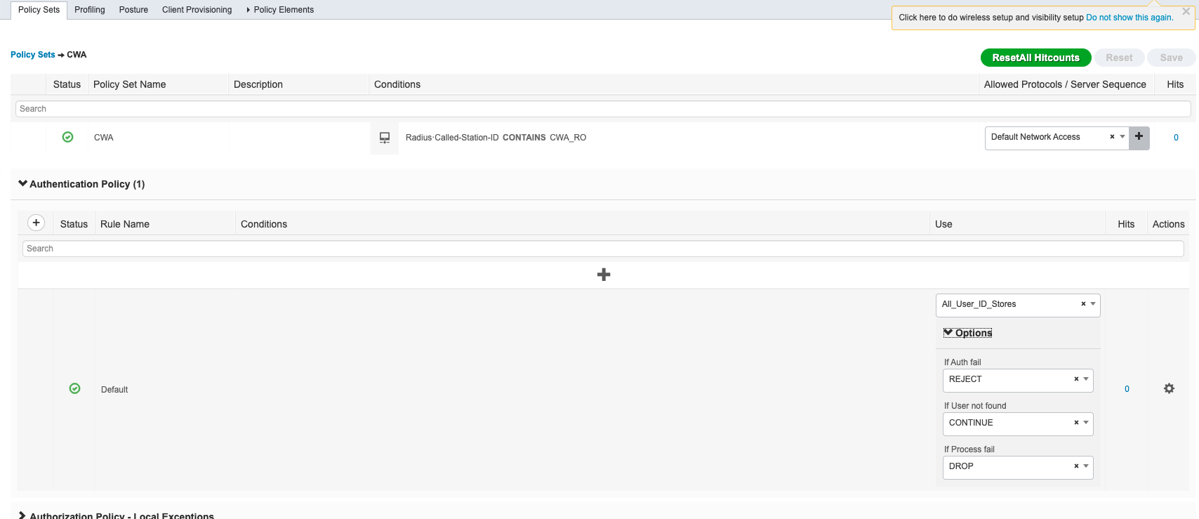 ISE Authentication Policy for CWA