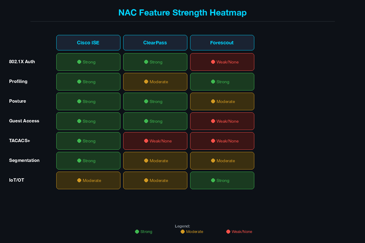 NAC feature strength heatmap comparing ISE, ClearPass, and Forescout across key capabilities