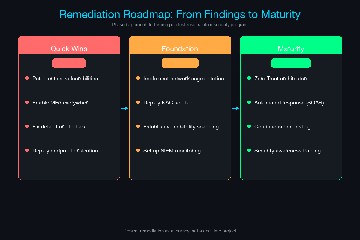 Three-phase remediation roadmap from quick wins to foundation to maturity over 180 days