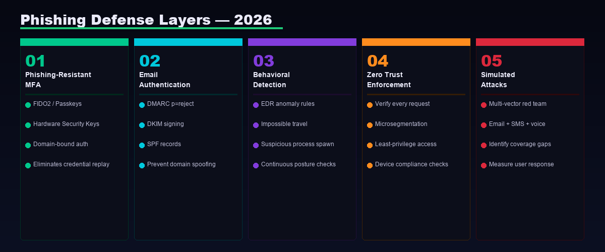 Phishing Defense Layers — FIDO2 MFA, Email Auth, Behavioral Detection, Zero Trust, Simulated Attacks