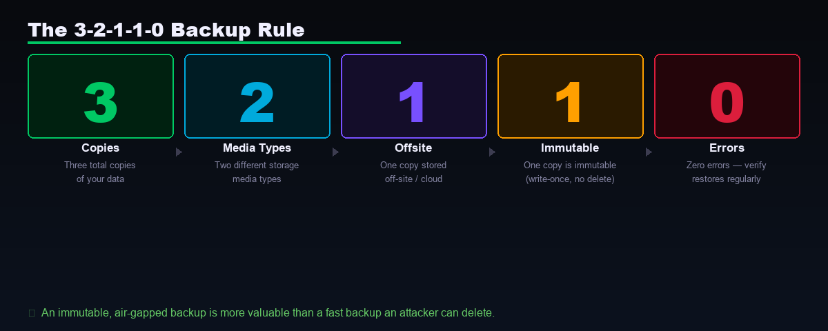 The 3-2-1-1-0 Backup Rule — 3 copies, 2 media types, 1 offsite, 1 immutable, 0 errors