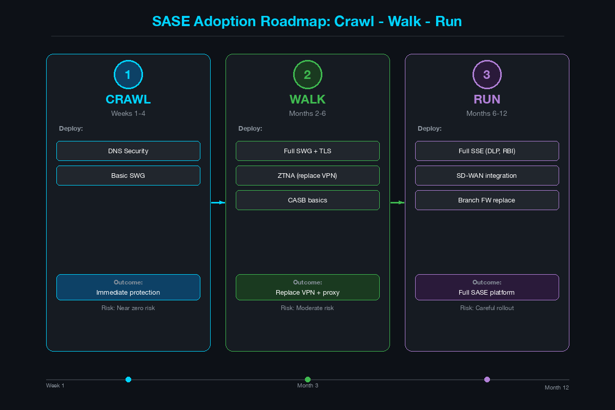 SASE adoption roadmap showing three phases from DNS security to full SASE deployment