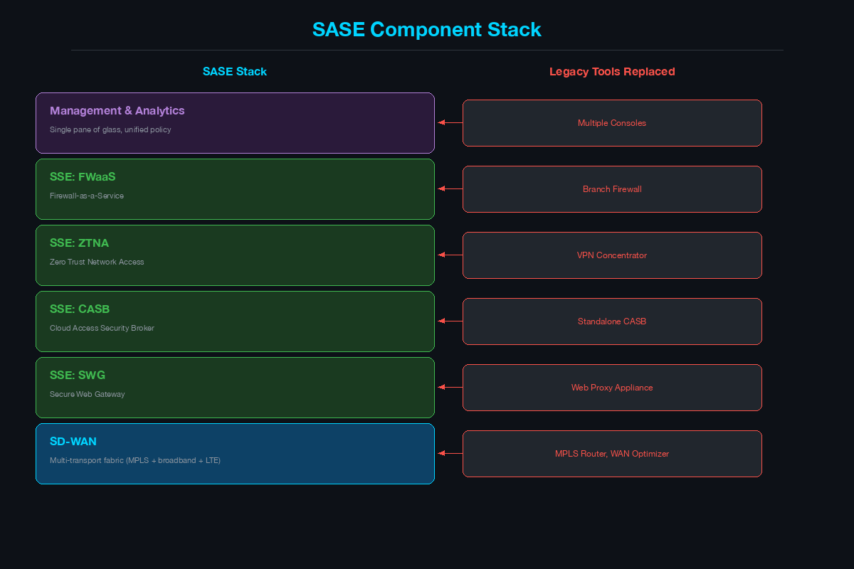 SASE component stack showing SD-WAN and SSE layers with legacy tools each replaces