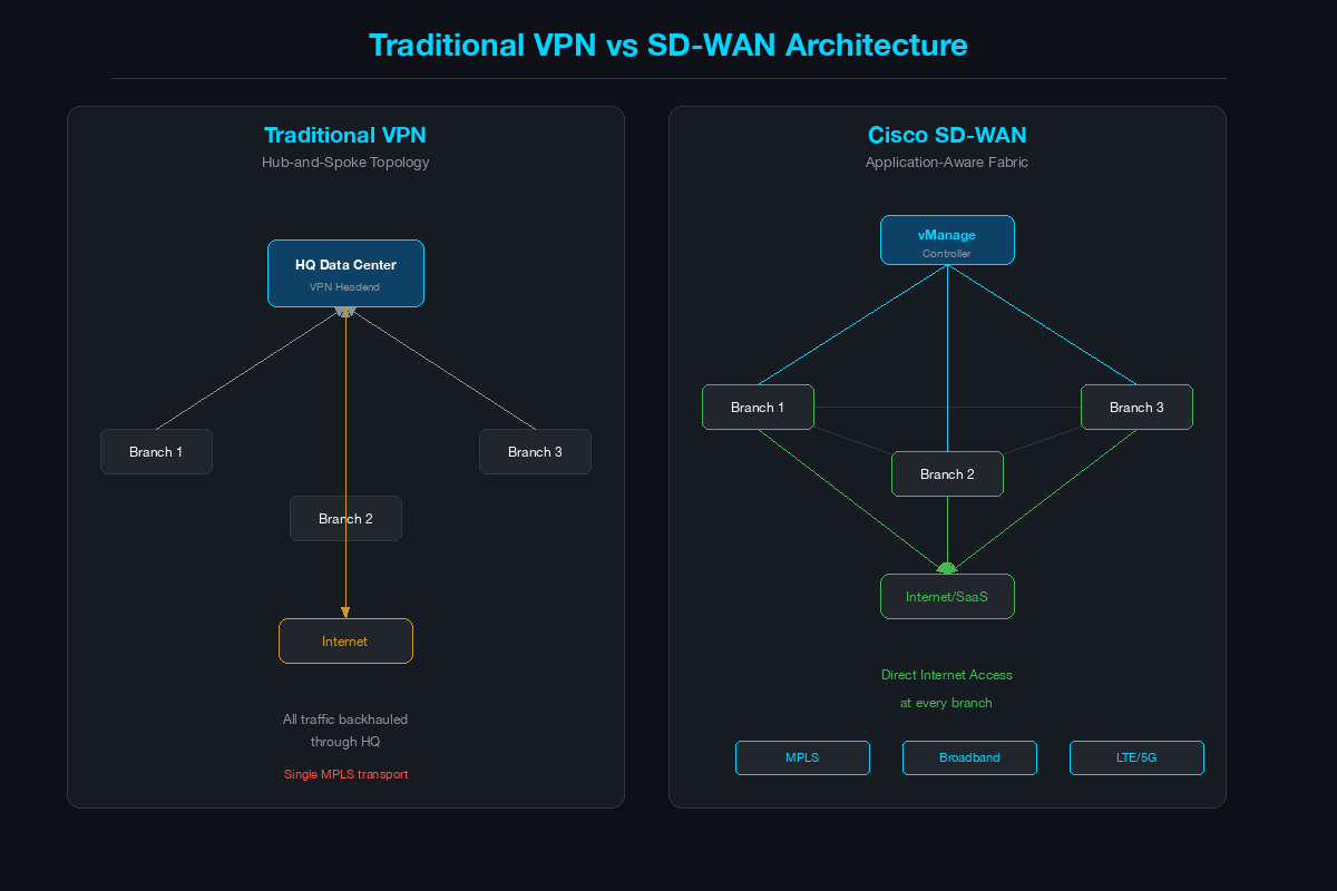 Traditional VPN hub-and-spoke vs SD-WAN application-aware fabric architecture