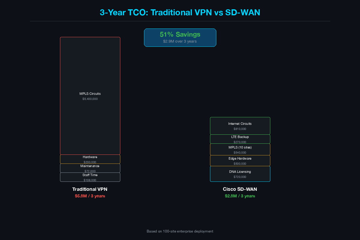 3-year TCO comparison between traditional VPN and Cisco SD-WAN showing cost savings