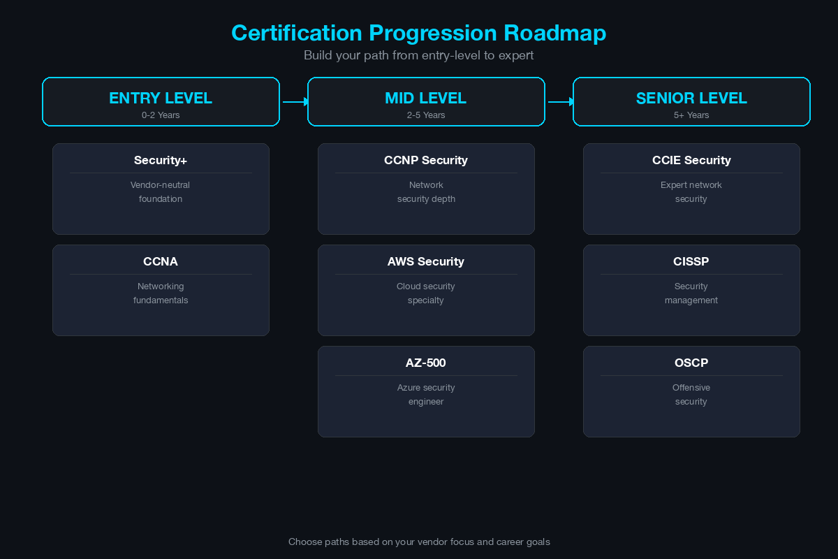 Certification progression roadmap showing entry level, mid level, and senior level paths with recommended certifications at each stage