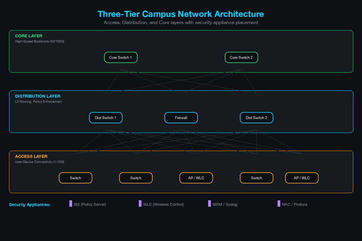 Three-tier campus network architecture showing access, distribution, and core layers with security appliance placement