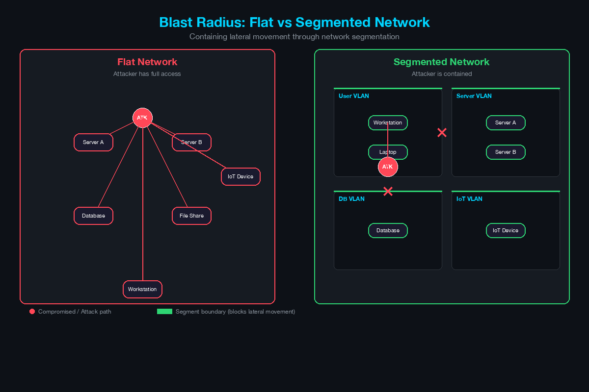 Blast radius comparison showing flat network with full attacker access versus segmented network with contained threat