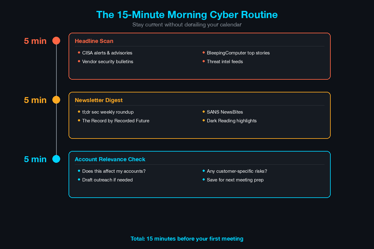 The 15-minute morning cyber routine broken into three 5-minute segments: headline scan, newsletter digest, and account relevance check