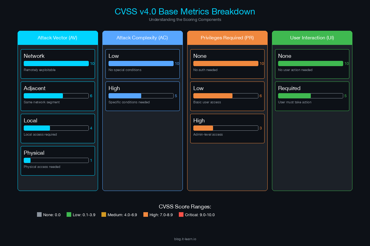CVSS v4.0 base metrics scoring card showing Attack Vector, Attack Complexity, Privileges Required, and User Interaction with severity bars